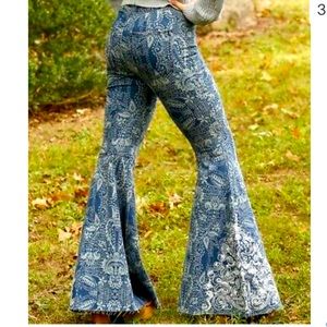 Free People Float on Embroidered Printed Flare Leg Jeans